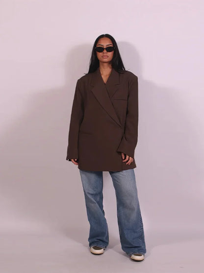 Fashion Lapel Suit Jacket Women Casual Loose Short Sleeve Office Lady Coat 2025 New Chic Autumn Single Button Oversize Jacket