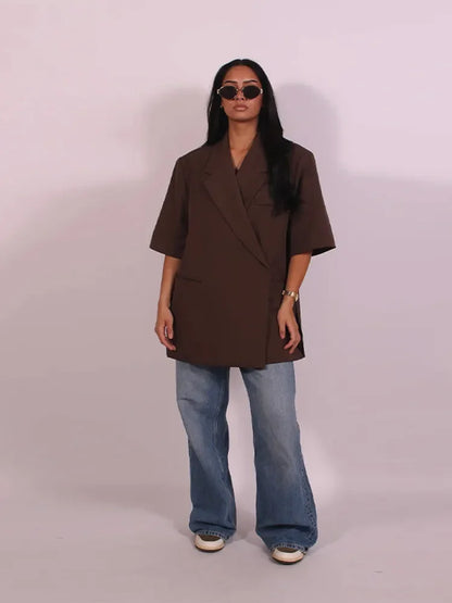 Fashion Lapel Suit Jacket Women Casual Loose Short Sleeve Office Lady Coat 2025 New Chic Autumn Single Button Oversize Jacket