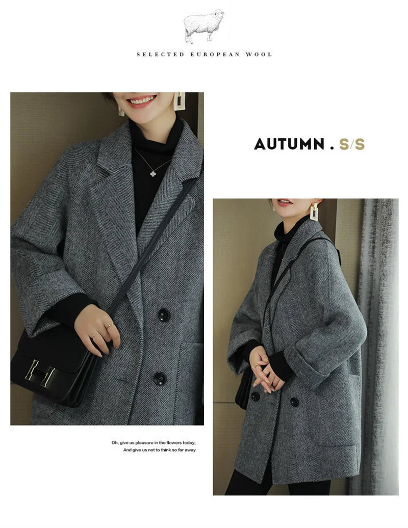 New Elegant Women Mid-length Woolen Coats Office Lady Autumn Winter Korean Loose Warm Thick Wool Blend Jackets Female Outerwear