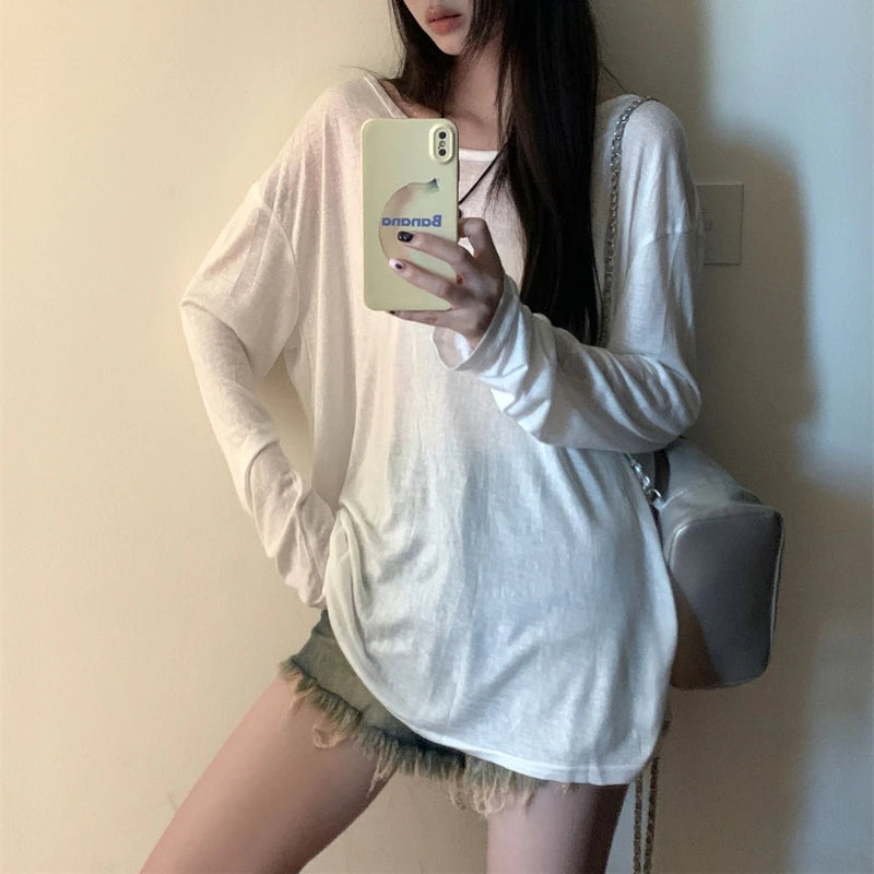 Sexy Sheer Baggy T-shirt for Women 2024 Summer Casual Fashion Loose Pullovers Chic Lazy Solid Color Off Shoulder Top Streetwear