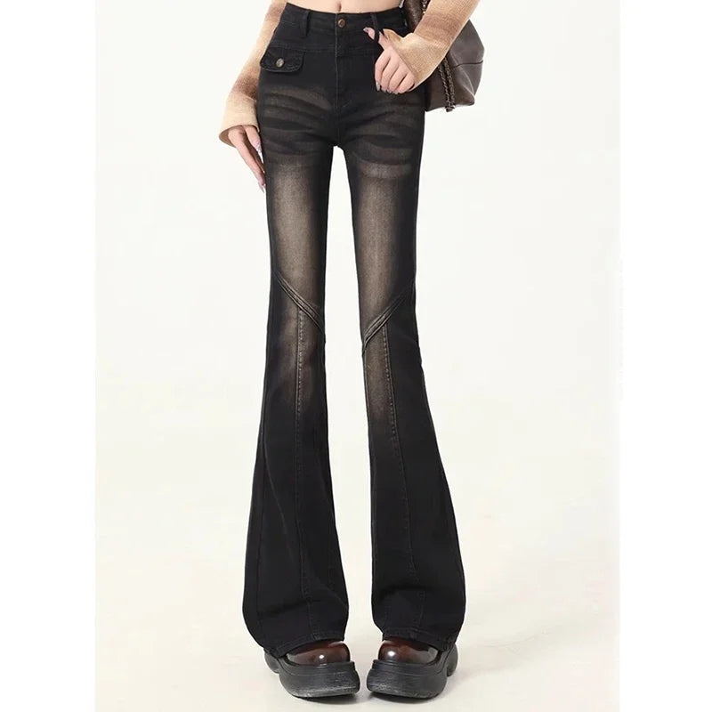 Woman High Waist Elastic Spliced Wide Leg Jeans Female Vintage Slim Fit Flare Pants Lady Blue Black Grey Denim Trousers Big Size