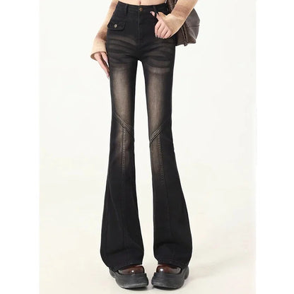 Woman High Waist Elastic Spliced Wide Leg Jeans Female Vintage Slim Fit Flare Pants Lady Blue Black Grey Denim Trousers Big Size