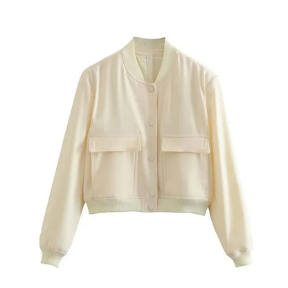 1PCS Woman Bomber Jacket Coat White Autumn Winter Button Baseball Aviator Cropped Jackets for Women Long Sleeve Crop Outerwear