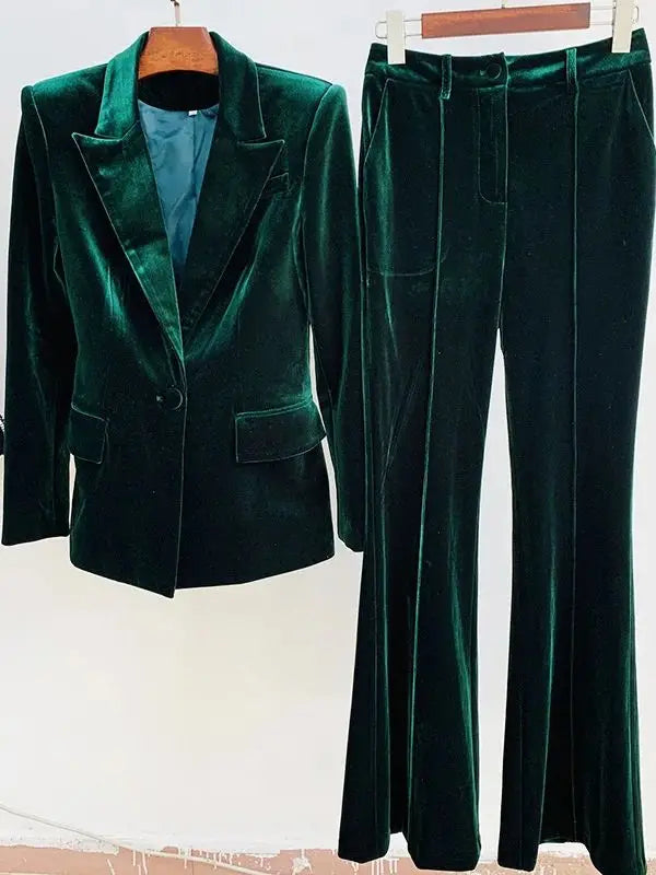 HIGH STREET Newest 2025 Grace Muse F/W Designer Suit Set Women's Single Button Velvet Blazer Flare Pants Set 2pcs