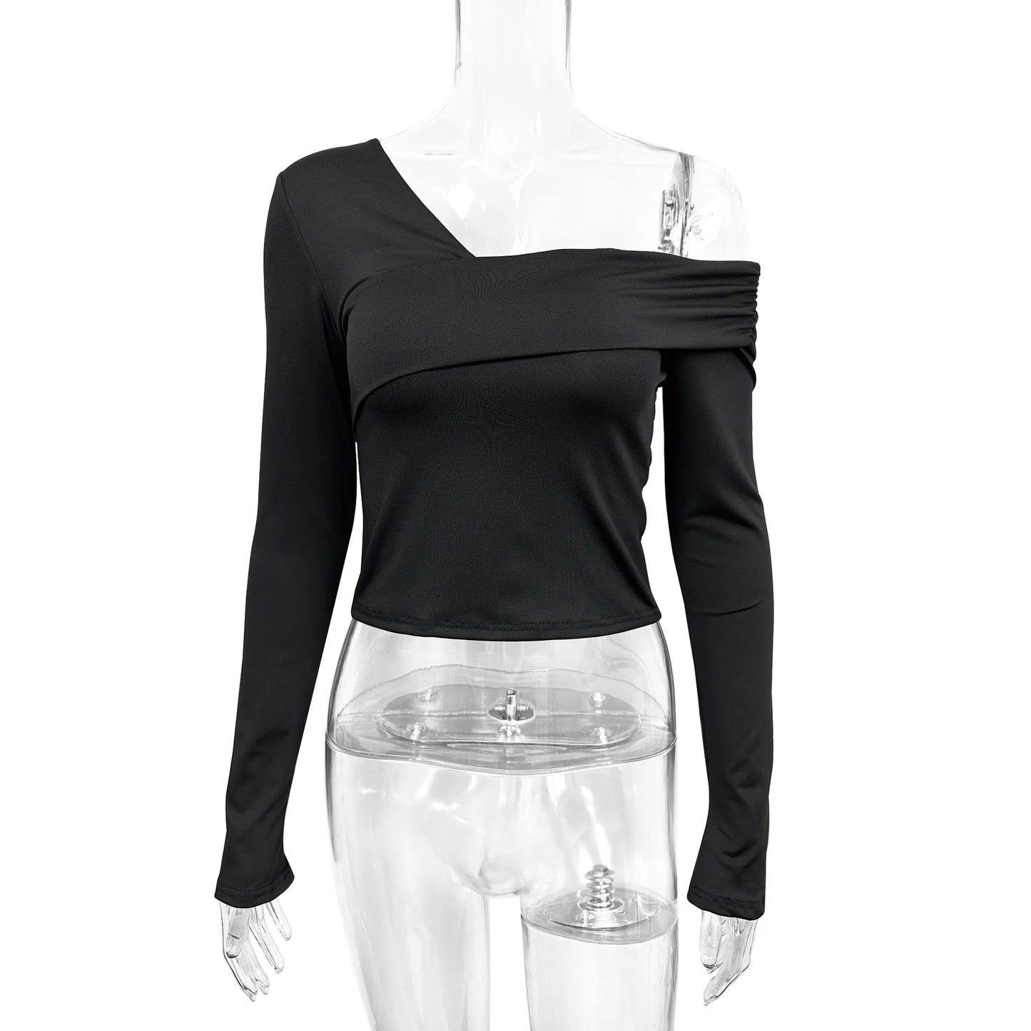 Fairyshely 2025 Spring Casual Black T-shirt Women Off Shoulder Long Sleeve Bodycon Crop Top Autumn Lady Clud Party Short Tops