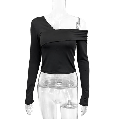 Fairyshely 2025 Spring Casual Black T-shirt Women Off Shoulder Long Sleeve Bodycon Crop Top Autumn Lady Clud Party Short Tops