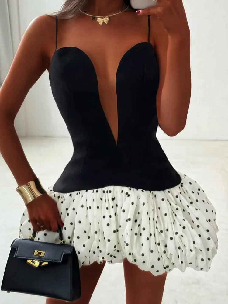 Sexy Women Patchwork Color-blocking Mini Dress Fashion Sleeveless Deep V-neck Sling Short Vestidos Chic Lady Party Evening Robes