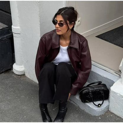 Retro Wine Red Pu Leather Short Jacket Women Chic Lapel Collar Zipper Button Loose Overcoats Autumn Ladies High Street Outerwear
