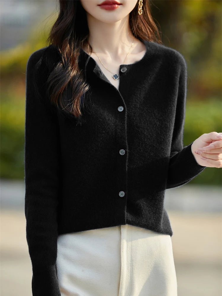 2024 Basics Autumn Winter Women Sweater Sales Merino Wool Knitwear New Fashion Solid Cardigan Classic Long Sleeve Clothing Tops