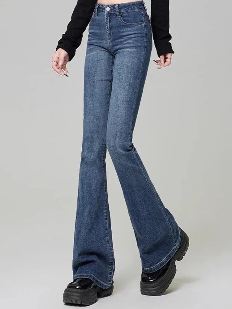 Women Vintage High Street Bell Bottom Jeans Lady Sexy Slim Fit Denim Flare Pants Deep Blue Light Blue Black Blue Gray Trousers