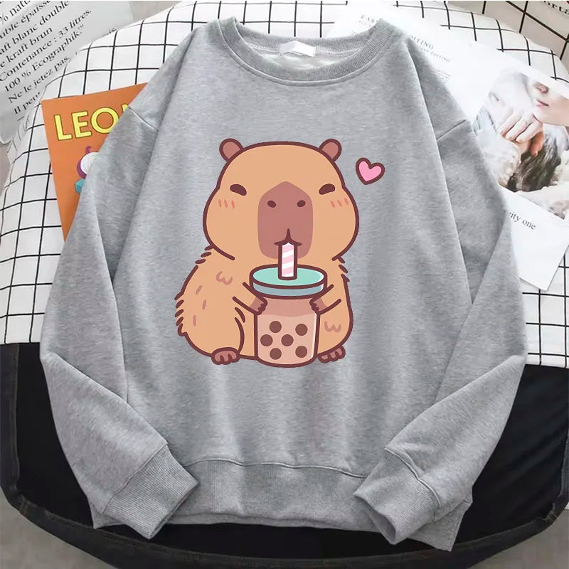 Crew Neck Capybara Hoodie O-Neck Fashion Women Cartoon Harajuku Aesthetic Graphic Hoodies Vintage Pullovers Sweatshirts