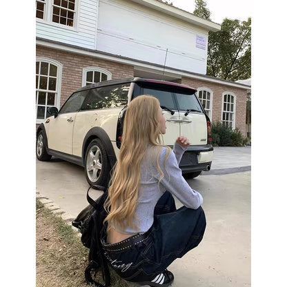 Blue Women's Retro Y2K 2000s Wide Leg Baggy Casual Denim Trouser High Waist Loose Jeans 2024 Autumn Harajuku Full Length Pants