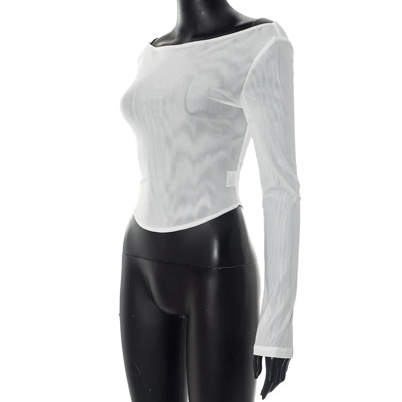 Female's Autumn T-Shirt Sheer Mesh Off-Shoulder Curved Hem Pullover Long Sleeve Women's Top Comfortable Clothing For Lady