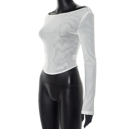 Female's Autumn T-Shirt Sheer Mesh Off-Shoulder Curved Hem Pullover Long Sleeve Women's Top Comfortable Clothing For Lady