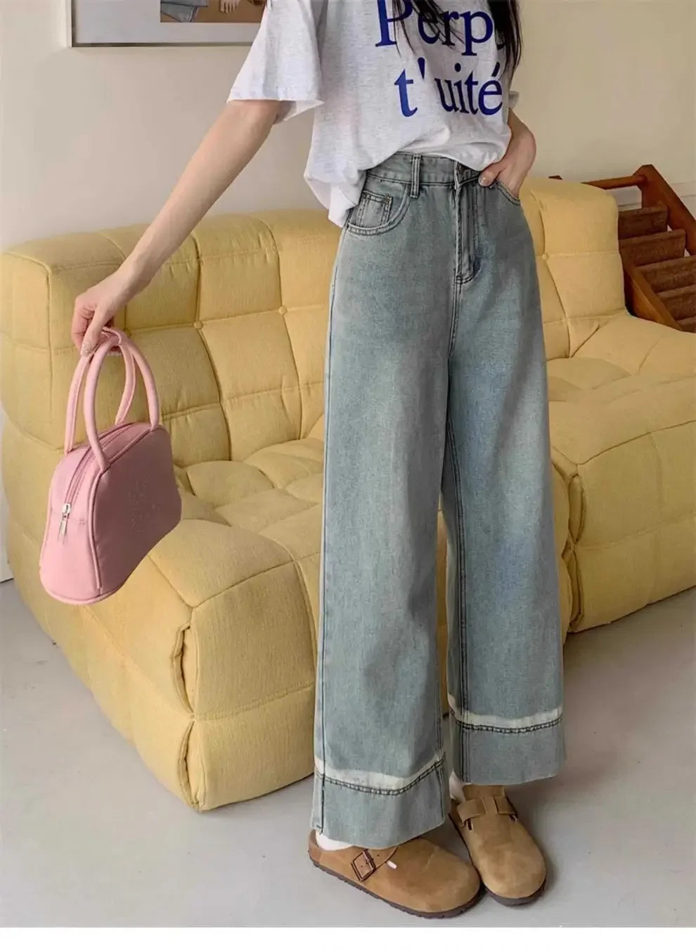 High Waist Straight Leg Jeans Women's plus Size Body Slimming Nine Points Wide Leg Pants Fat Sister MM Fashionable Clothing
