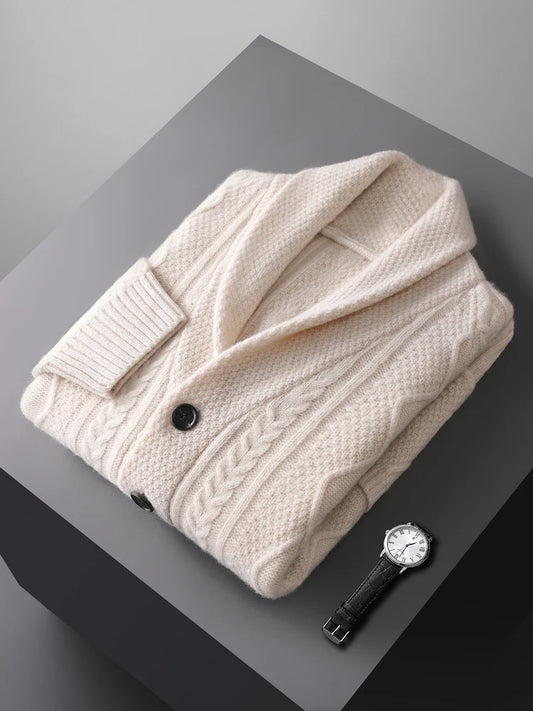 Autumn Winter Men 100% Merino Wool knitted Cashmere Sweater Thick Jacquard Coat Turn-Down Collar Cardigan Smart Casual Chic Tops