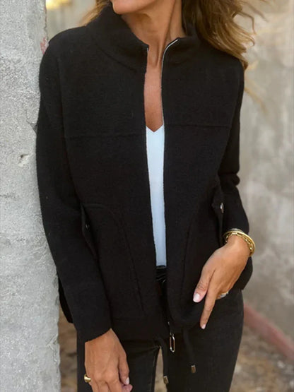 New Casual Zipper Cardigan Wool Jacket For Women's 2025 New Fashion Stand Collar Tether Pocket Loose Versatile Female Wool Coat