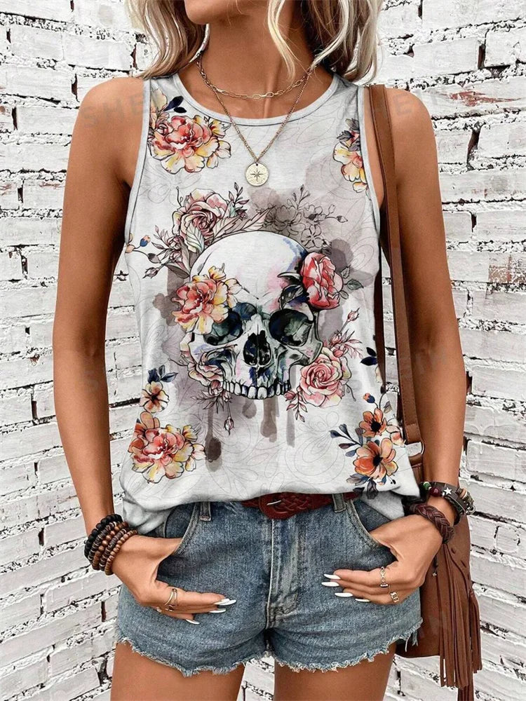 Skull Print Women's Tank Top Summer Street Fashion Women's Crew Neck Tank Top Outdoor Everyday Casual Women's Sleeveless T-shirt