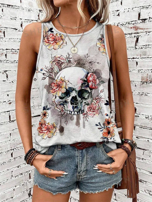 Skull Print Women's Tank Top Summer Street Fashion Women's Crew Neck Tank Top Outdoor Everyday Casual Women's Sleeveless T-shirt