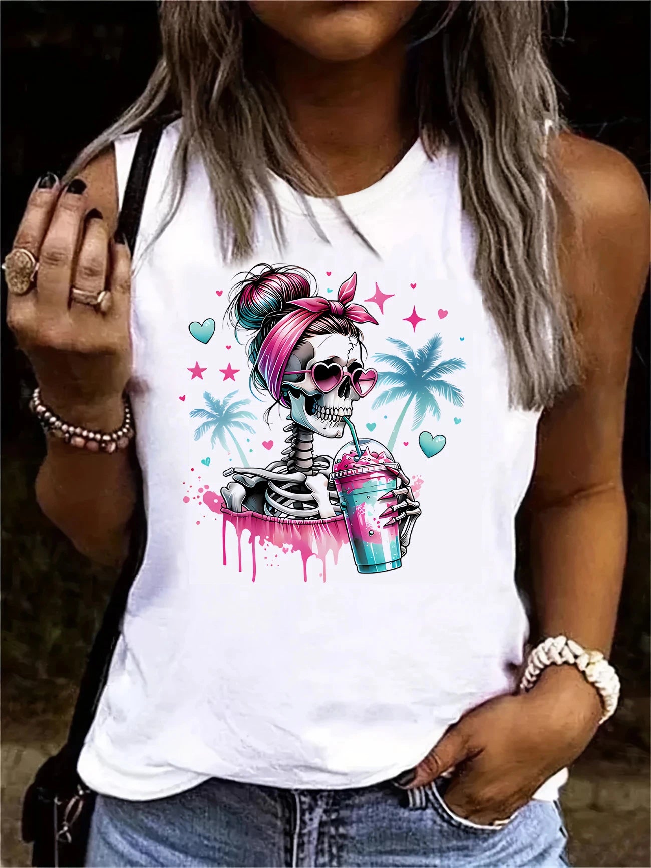 Skull Print Vest T-shirt Gothic Tshirt Graphic Print Tank Top Women’s Sleeveless Crew Neck