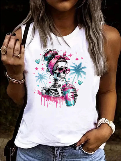 Skull Print Vest T-shirt Gothic Tshirt Graphic Print Tank Top Women’s Sleeveless Crew Neck