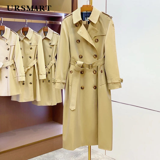 High quality khaki double breasted cotton women's trench coat British fashion custom rainproof long women's coat windbreaker