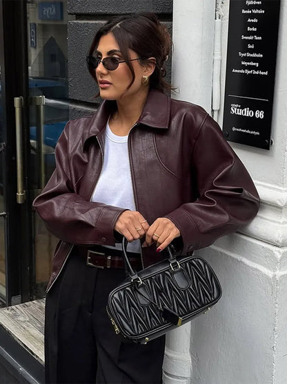 Retro Wine Red Pu Leather Short Jacket Women Chic Lapel Collar Zipper Button Loose Overcoats Autumn Ladies High Street Outerwear