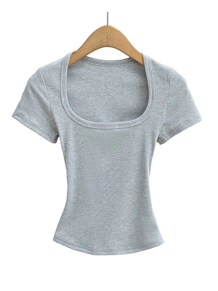 Summer square neck high elasticity crop top women's short sleeved sexy top slim fit pullover base shirt
