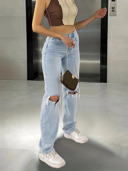 Women's new knee-piercing jeans, loose, comfortable and casual, fully matching straight micro-elastic jeans