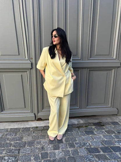 Fashion Lapel Suit Jacket Women Casual Loose Short Sleeve Office Lady Coat 2025 New Chic Autumn Single Button Oversize Jacket