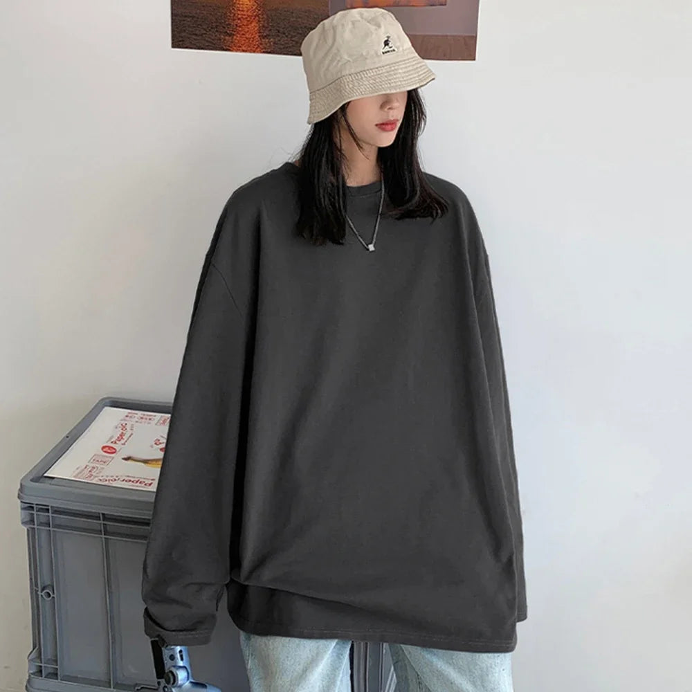 New Trendy Cotton Long Sleeve T-Shirt Women Oversize  Basic Tee Casual O-neck Tops Simple Streetwear Cozy Versatile T-shirt