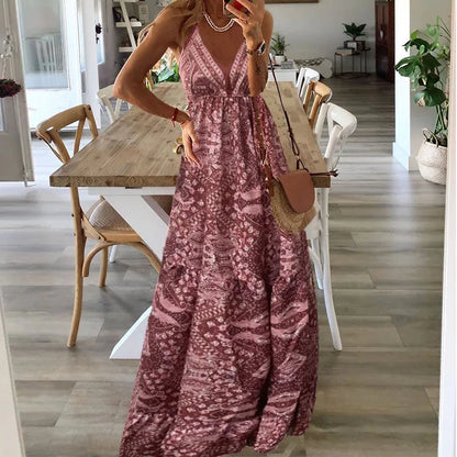 Plus-size Europe and the United States cross-border  new slip long skirt high-waisted V-neck printed floral dress