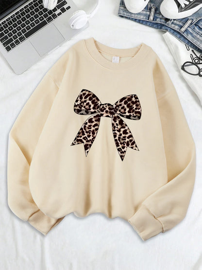 Bow Leopard Printing Sweatshirts Womens Crewneck Basics Hoodies Loose Fleece Warm Clothes Autumn Winter Sporty Woman Pullover