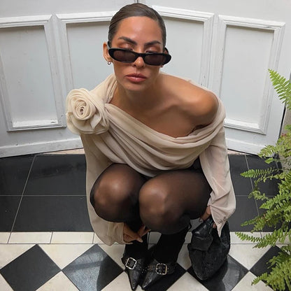 Candyhot Irregular Sexy Off Shoulder Oblique-neck Flower Applique T Shirt French Fashion Long Sleeve Crop Tops Chic Mesh Camis