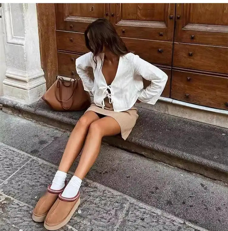 ALOBEE Loose Lace Up Bow Shirt Women Elegant V Neck Long Flare Sleeve Lady 2024 New Spring Summer Simple High Street Female Tops