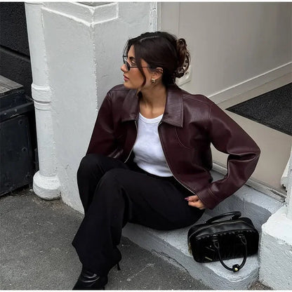Retro Wine Red Pu Leather Short Jacket Women Chic Lapel Collar Zipper Button Loose Overcoats Autumn Ladies High Street Outerwear