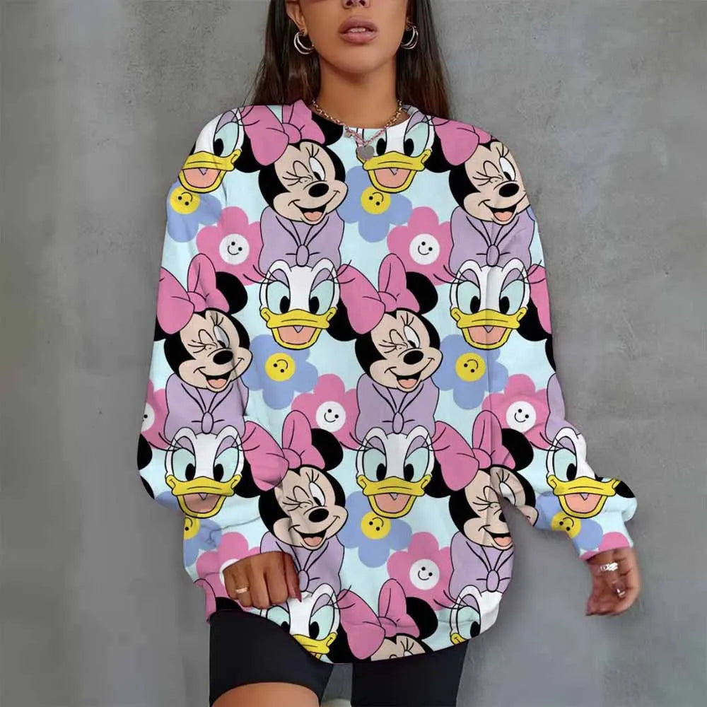 Disney Mickey Mouse Heart Print Crew Neck T shirt Casual Long Autumn winter top women's long sleeved T-shirt loose comfortable
