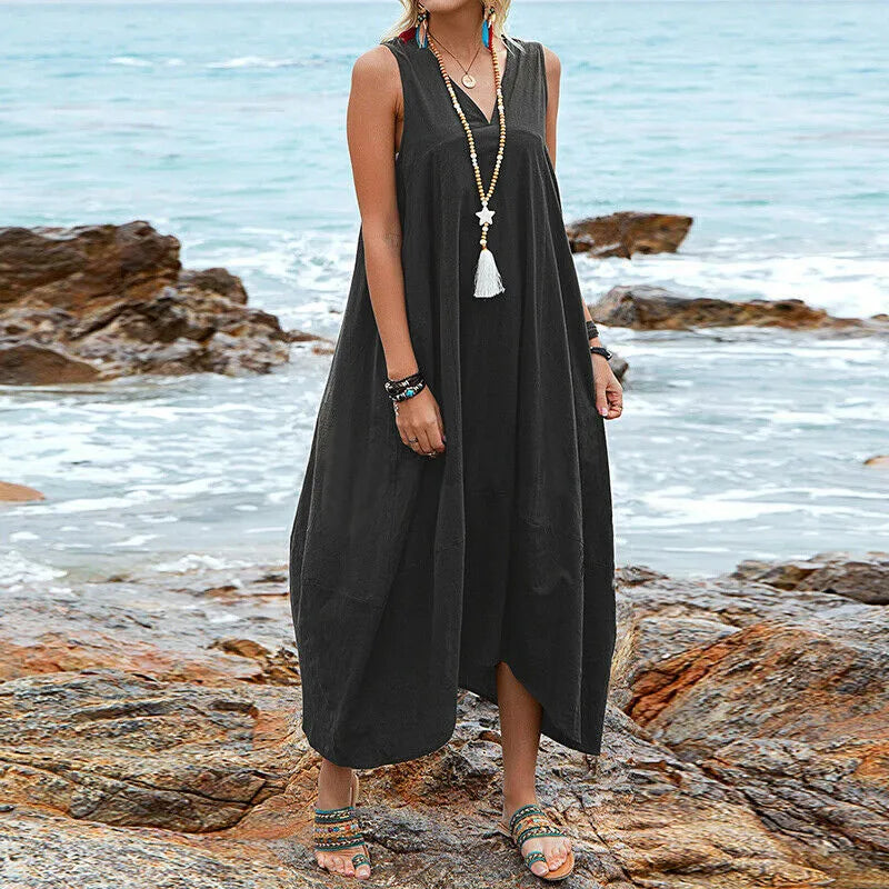 Loose Women's Dress Elegant Summer Solid Color Beach Dress Cotton Linen V-neck Pocket Dress Casual Temperament Party Dress