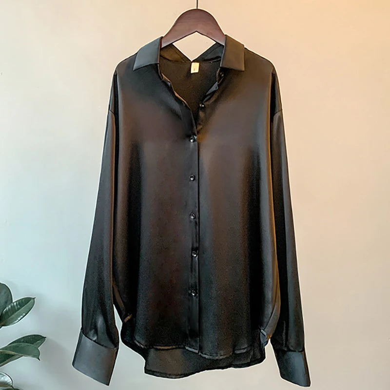 Elegant Black White Shirt Women Spring Autumn Long Sleeve Silk Satin Blouses For Women Fashion Turn Down Collar Button Shirt