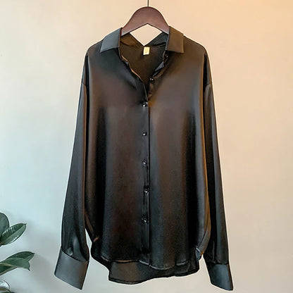 Elegant Black White Shirt Women Spring Autumn Long Sleeve Silk Satin Blouses For Women Fashion Turn Down Collar Button Shirt