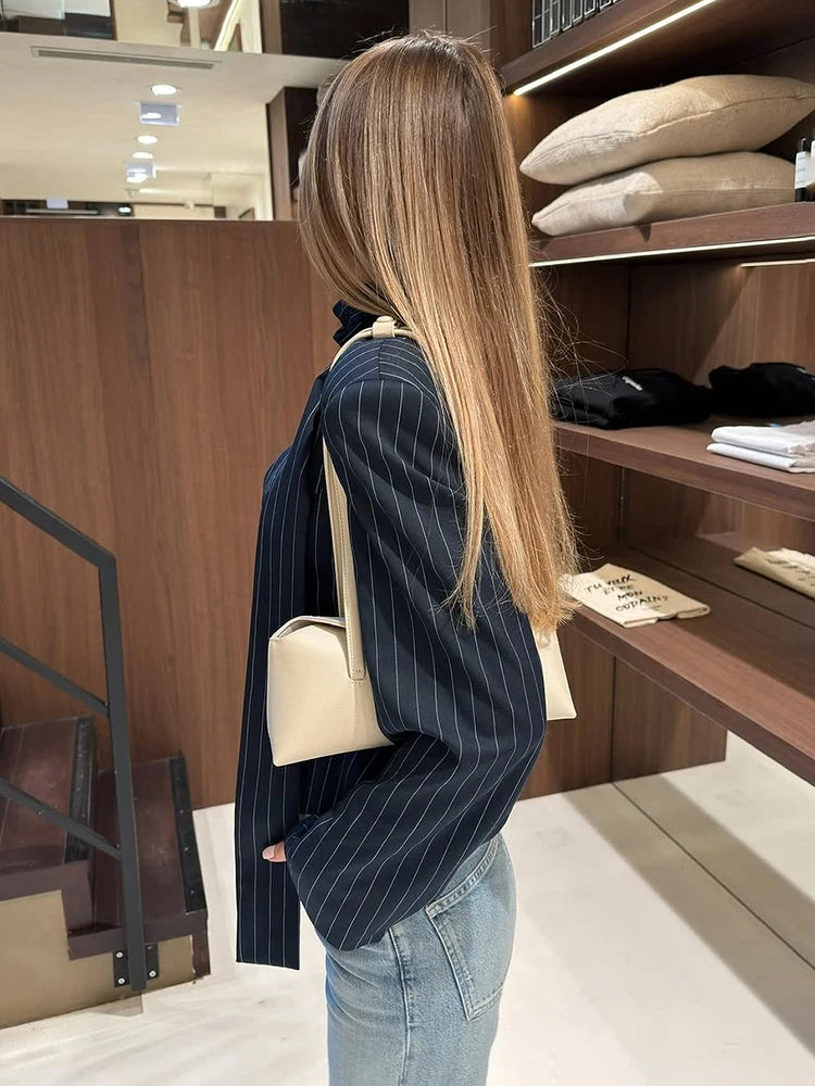 TARUXY Striped Print V-neck Ribbon Suit Coat For Women Long Sleeve Buttons Office Lady Top Elegant Female New Blazer Outwear