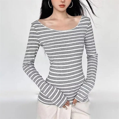 Y2K Grunge Emo 00s Vintage T-Shirt Black Grey Striped Off Shoulder Long Sleeve Jumper Top Chic Women Autumn Retro Goth Tee Shirt