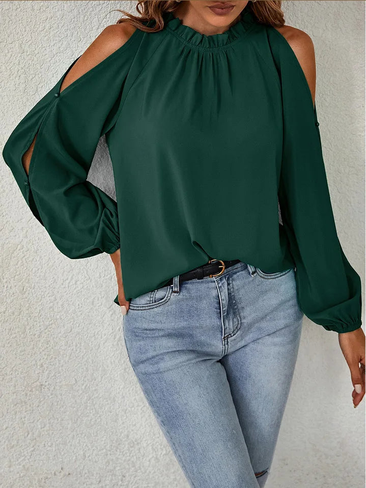 Fashion lotus leaf pleat semi high neck off shoulder hollowed out long sleeved top spring autumn women's elegant temperament top