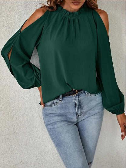 Fashion lotus leaf pleat semi high neck off shoulder hollowed out long sleeved top spring autumn women's elegant temperament top