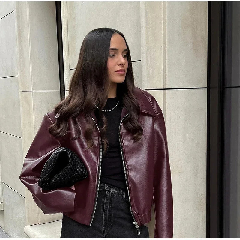 Zekye Spring Summer Women Jackets Fashion Lapel Zipper Long Sleeve Female Coats Lady Street Outwear Burgundy Leather Jacket