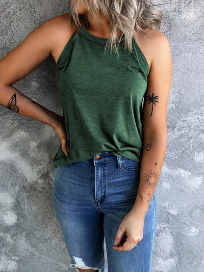 Women's Summer Sleeveless Halter Tee Shirts Crew Neck Workout Tank Tops Casual Plain Cami Shirts