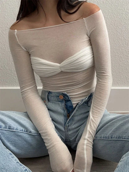 Tossy Mesh Sheer Off-Shoulder Top Shirt For Women New Long Sleeve See-Through Lace Knit Pullover Tops Summer Mesh Top Tee Shirt