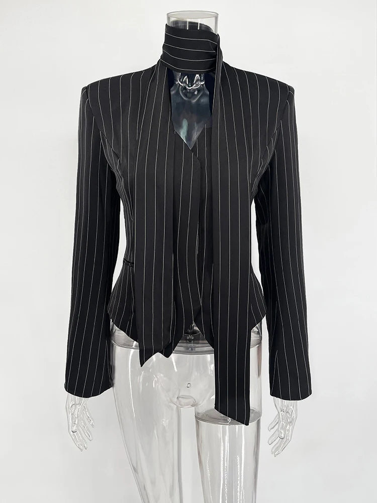TARUXY Striped Print V-neck Ribbon Suit Coat For Women Long Sleeve Buttons Office Lady Top Elegant Female New Blazer Outwear