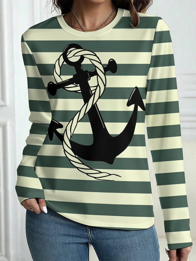 Women's T-Shirt Outdoor Casual Long Sleeve Pattern Print Street Crew Neck Fall Female Oversized Clothing Fashion T Shirts