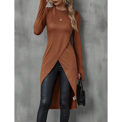 Mia Muse Women's T-Shirts Autumn French Decent Plain Long Sleeve Crew Neck Wrap Long High Street T-Shirts